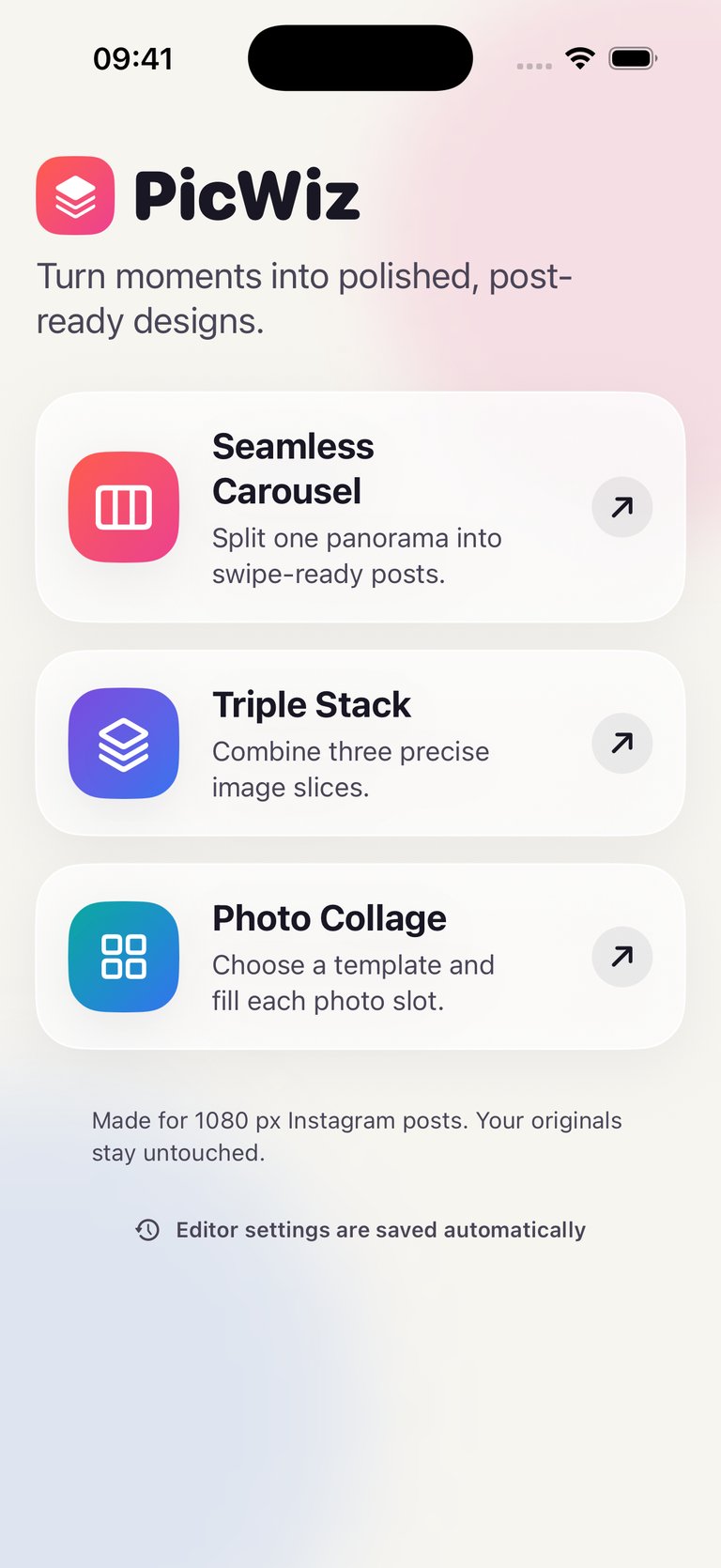PicWiz main screen with Seamless Carousel, Triple Stack and Photo Collage